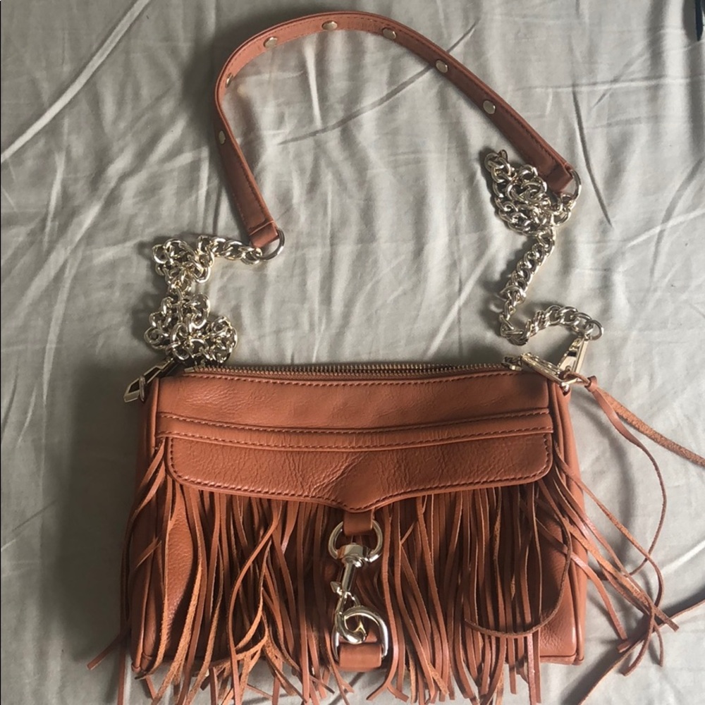 Mini fringe MAC crossbody clutch bag in cognac